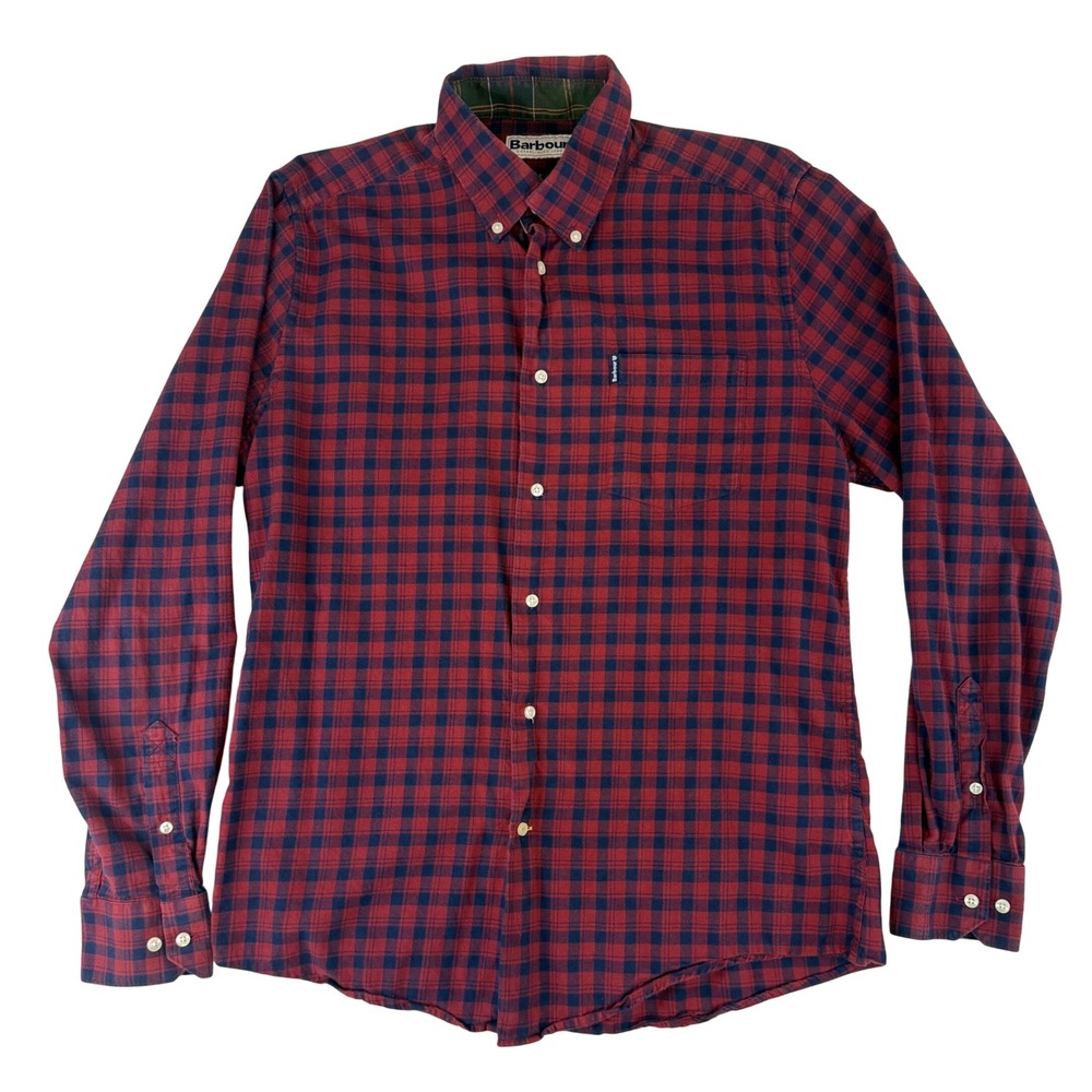 Barbour Button Down Shirt Mens Small Red Blue Gingham Tailored Fit Cotton‎